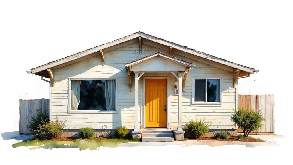 A small, light-colored house with an orange front door and white windows, surrounded by green shrubs on a white background.