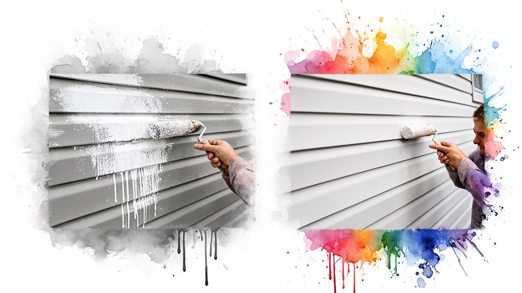 Two panels show a Soca Services professional painting house siding white, from grey to finished.