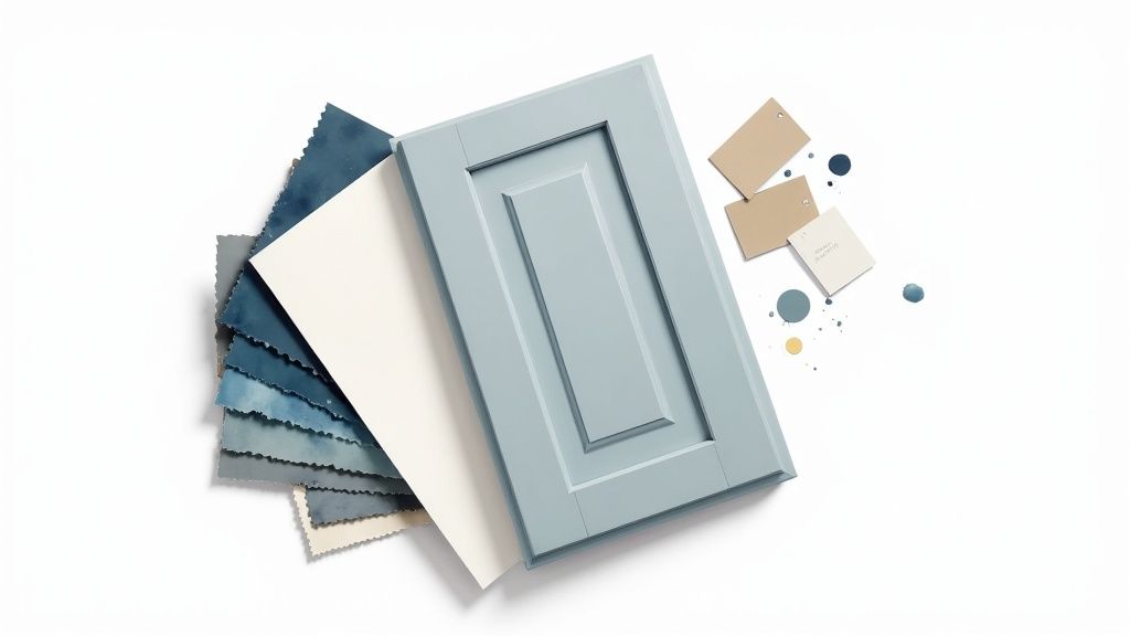 Overhead view of a blue kitchen cabinet door, fabric swatches, and paint color samples from Soca Services.