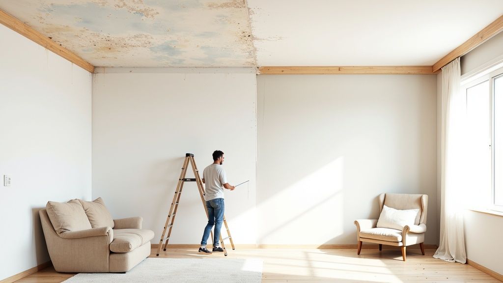 A man on a ladder repairs a ceiling with visible water damage and mold, half-finished.