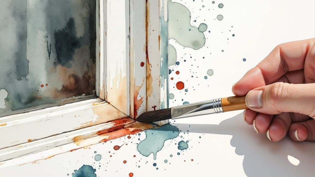 A person carefully painting a white window frame with an angled brush.