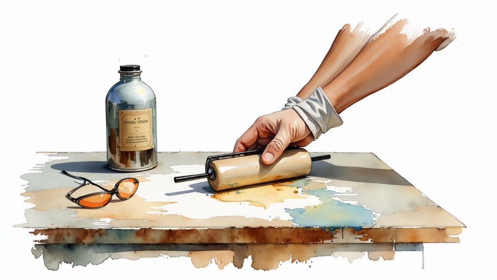 A person wearing gloves and using a solvent to clean a paint roller.