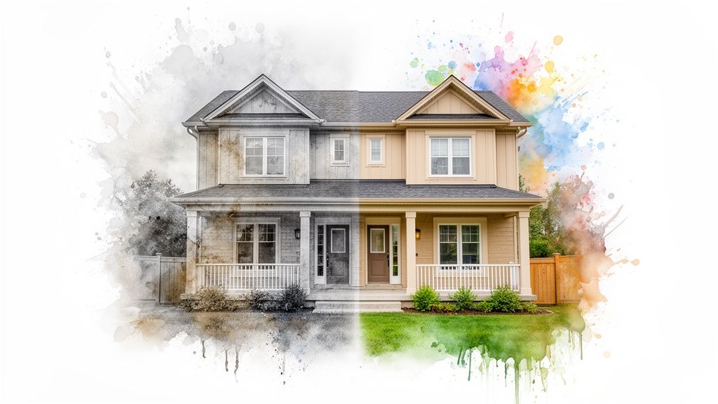 Split house image: a dirty, grayscale left side contrasted with a vibrant, newly painted, colorful right side.