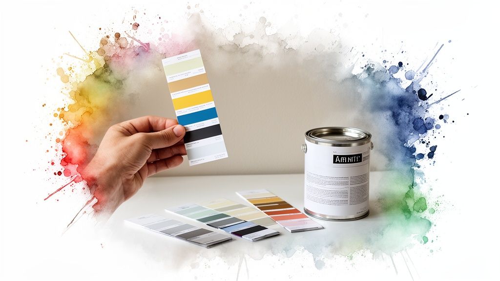 A hand holds various paint color swatches next to a paint can on a table.