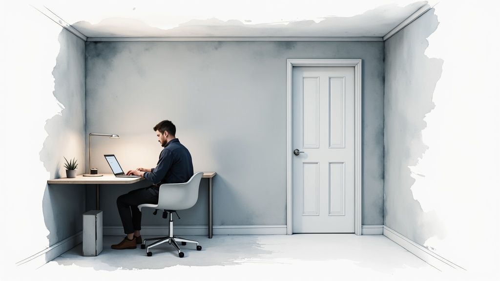 A man works on a laptop at a minimalist desk in a clean, watercolor-styled room.