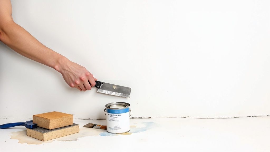 A painter carefully preparing a wall surface by sanding it smooth before applying paint.