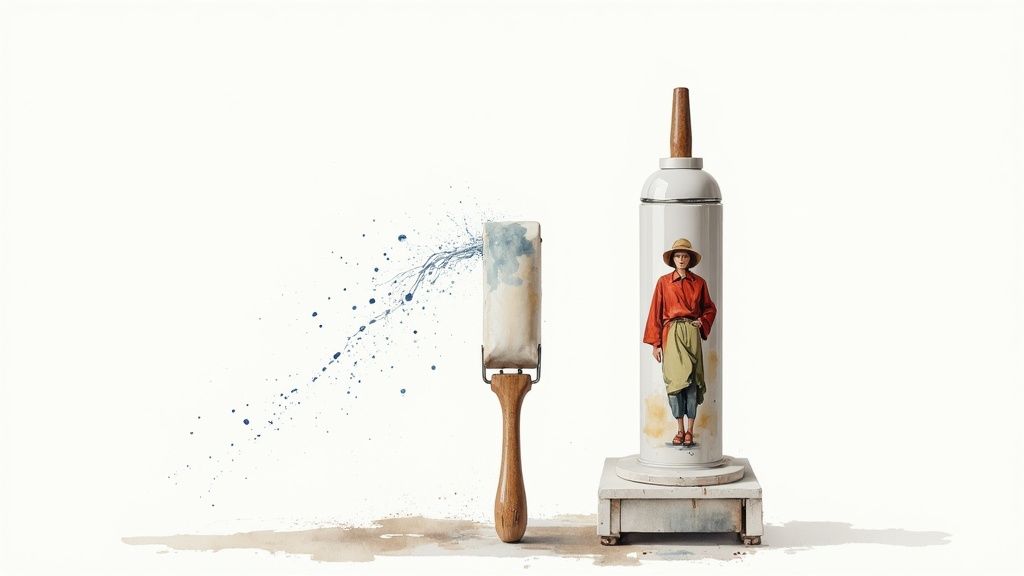 A clean paint roller standing on its end to dry.