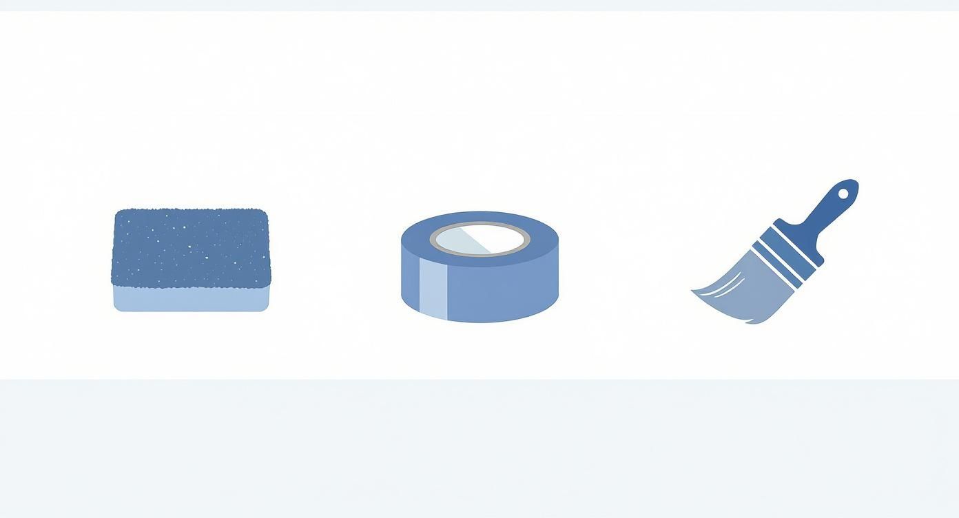 Infographic showing a sanding sponge, painter's tape, and an angled brush as part of an essential toolkit for painting window frames.