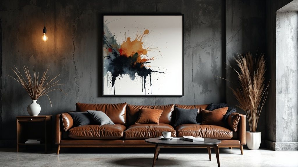 Modern industrial living room with brown leather sofa and abstract art against dark gray walls