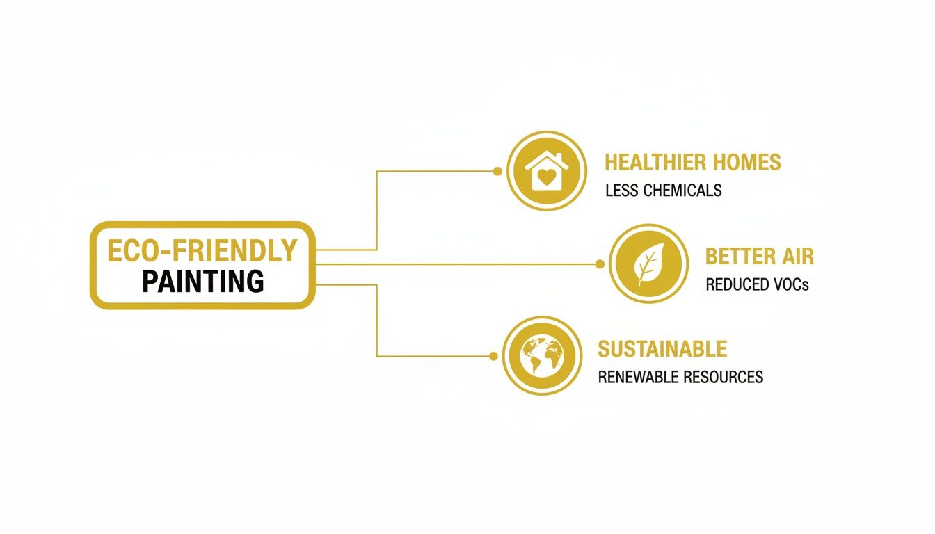 Infographic showing eco-friendly painting benefits: healthier homes, better air, and sustainability from renewable resources. Soca Services.