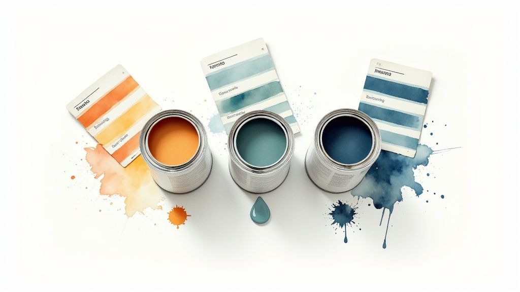 Three open paint cans, each with a matching color swatch card and paint splashes.