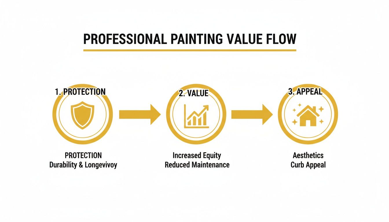Diagram showing the professional painting value flow: protection, increased value (equity), and enhanced curb appeal by Soca Services.