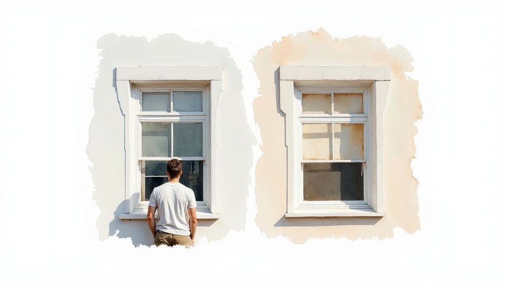 Before and after comparison showing painted vinyl window transformation from white to beige tone