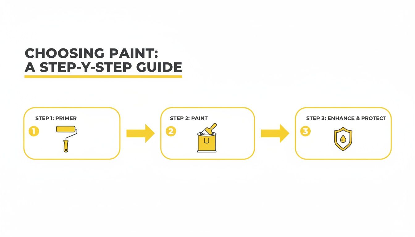 A step-by-step guide to choosing paint, outlining three stages: primer, paint, and enhance & protect, used by Soca Services.