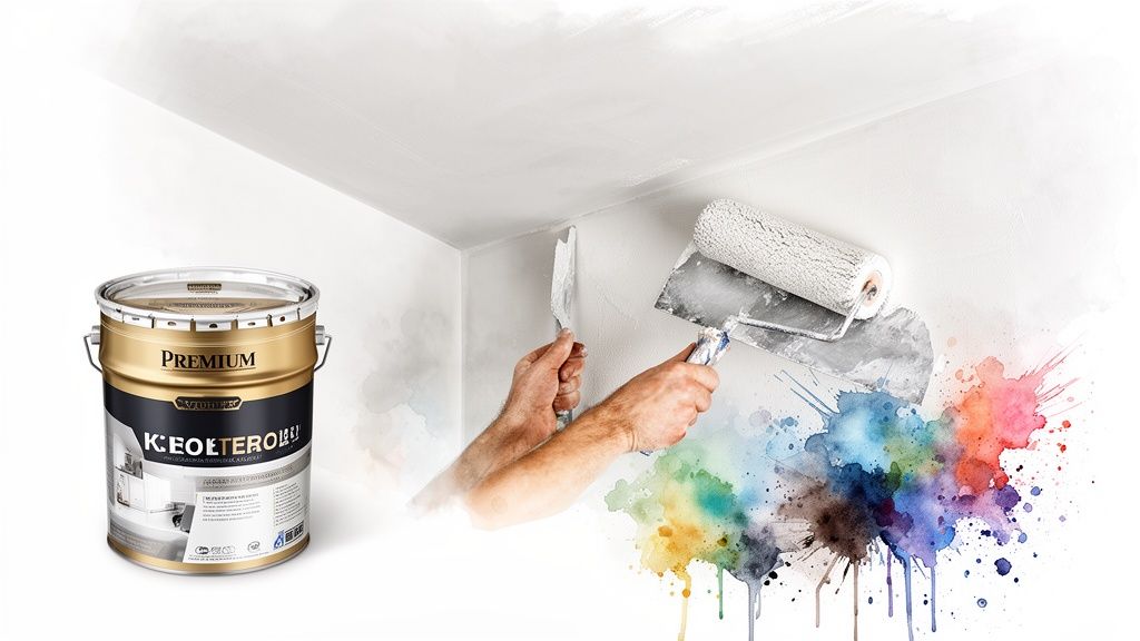 Hands paint a white wall with a roller and trowel.