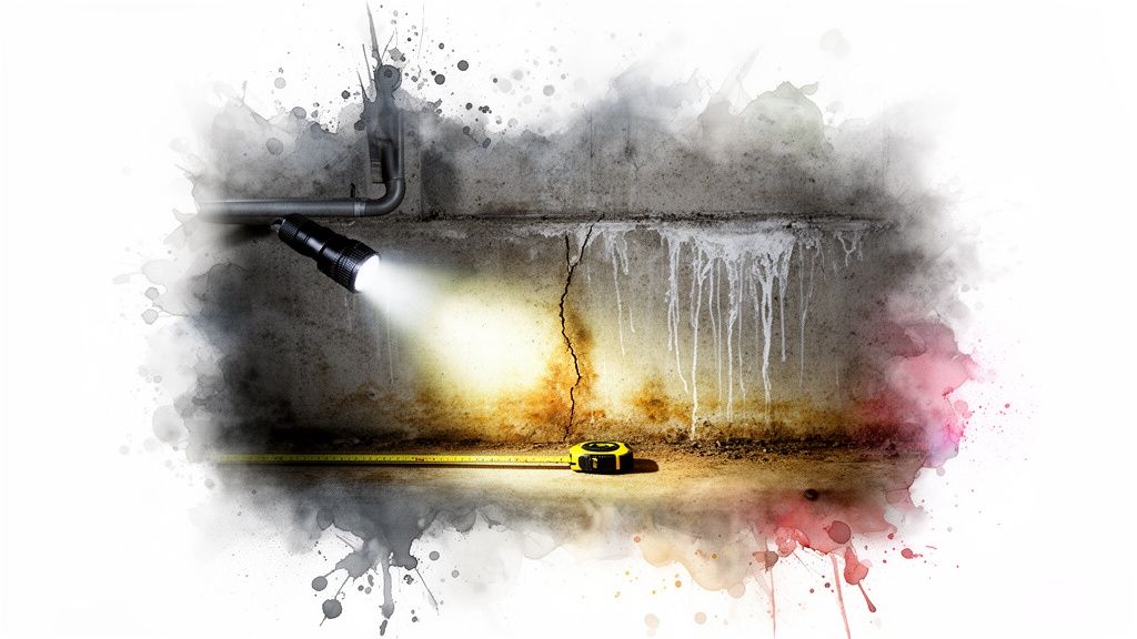 Flashlight illuminating a cracked and damp basement wall with water damage and a measuring tape.