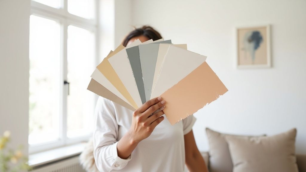 Person holding a fan of neutral paint color samples in a bright room.