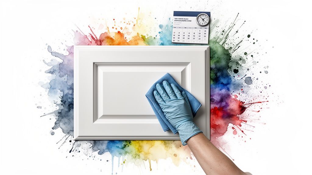 Soca Services team member carefully cleaning a white kitchen cabinet door with a blue microfiber cloth.