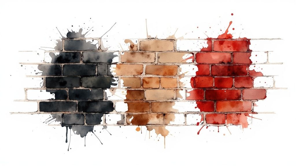 A close-up of a hand applying a dark grey stain to a red brick wall, showing the colour transformation.