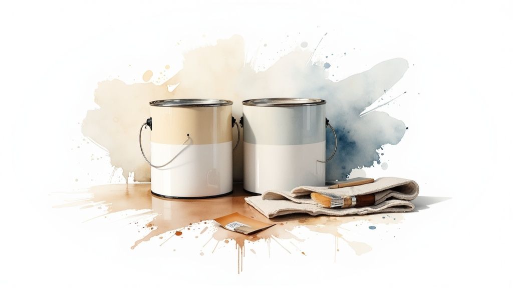 Two paint cans, brushes, and a cloth, on a surface with watercolor paint splashes.