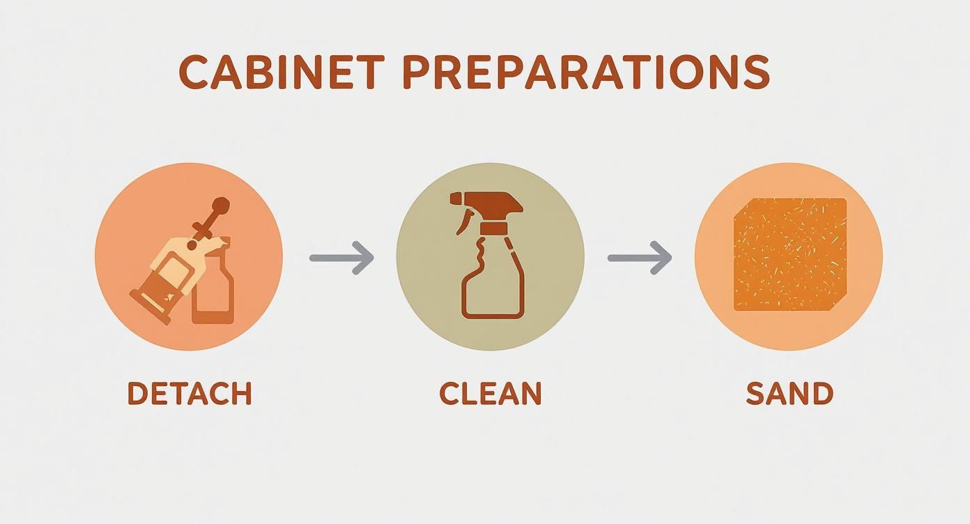Infographic showing three steps for cabinet preparation: detach, clean, and sand.