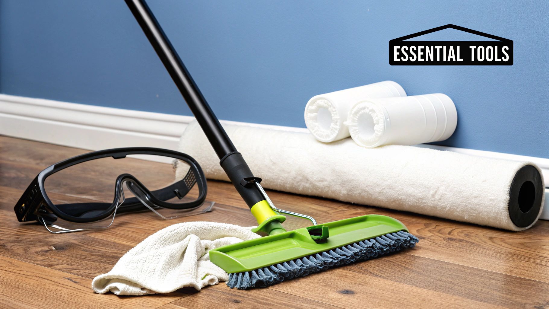 An assortment of cleaning tools, including a vacuum with a soft brush attachment, a lint roller on an extension pole, and protective gear like safety glasses, ready for cleaning a popcorn ceiling.