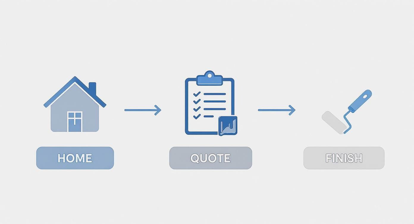 A three-step process diagram showing home, quote, and finish with icons for a house, clipboard, and paint roller.