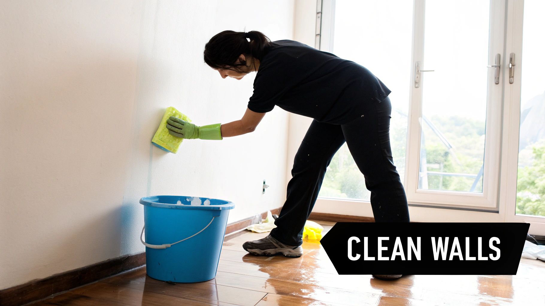 A person wiping down a white wall with a sponge and a bucket of soapy water nearby.