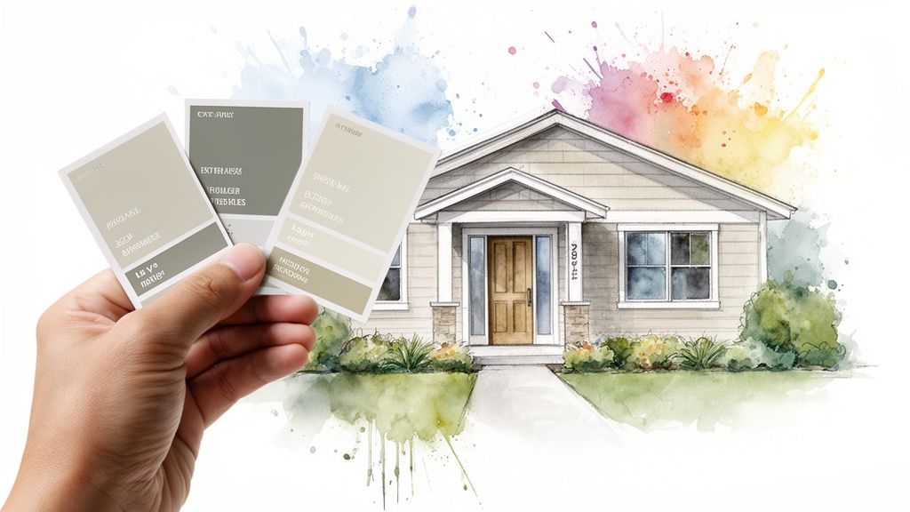 Soca Services helping with exterior paint swatches in front of a house illustration.