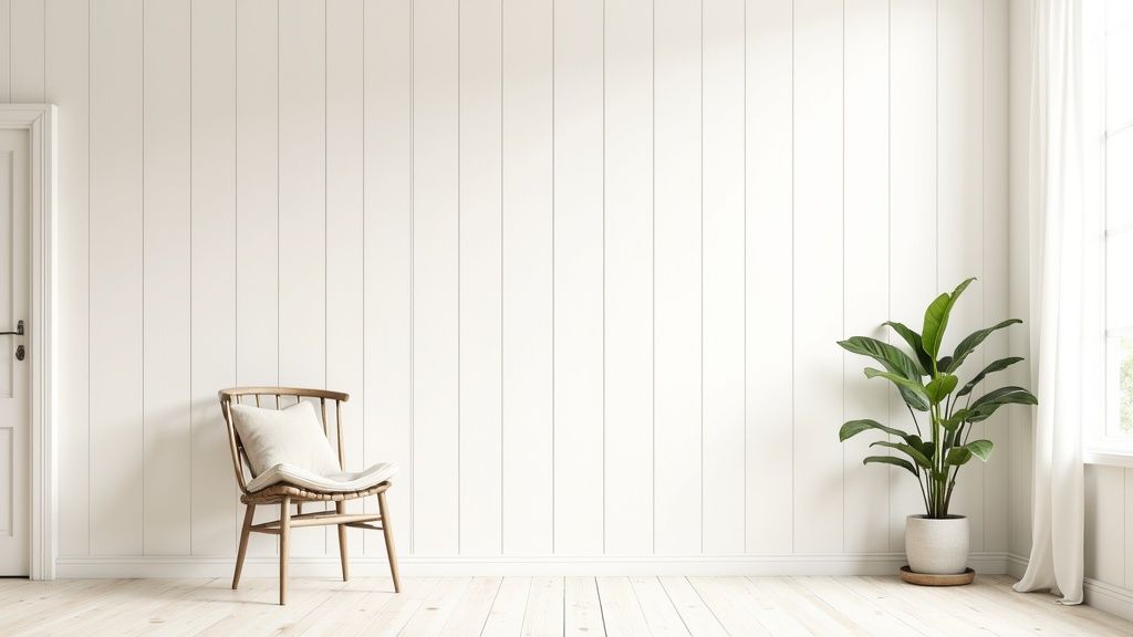 A brightly lit living room with freshly painted white wood paneling and modern furniture.