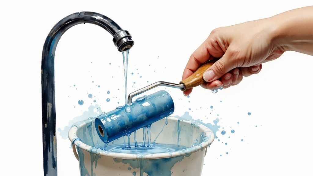 A person rinsing a paint roller under a tap.