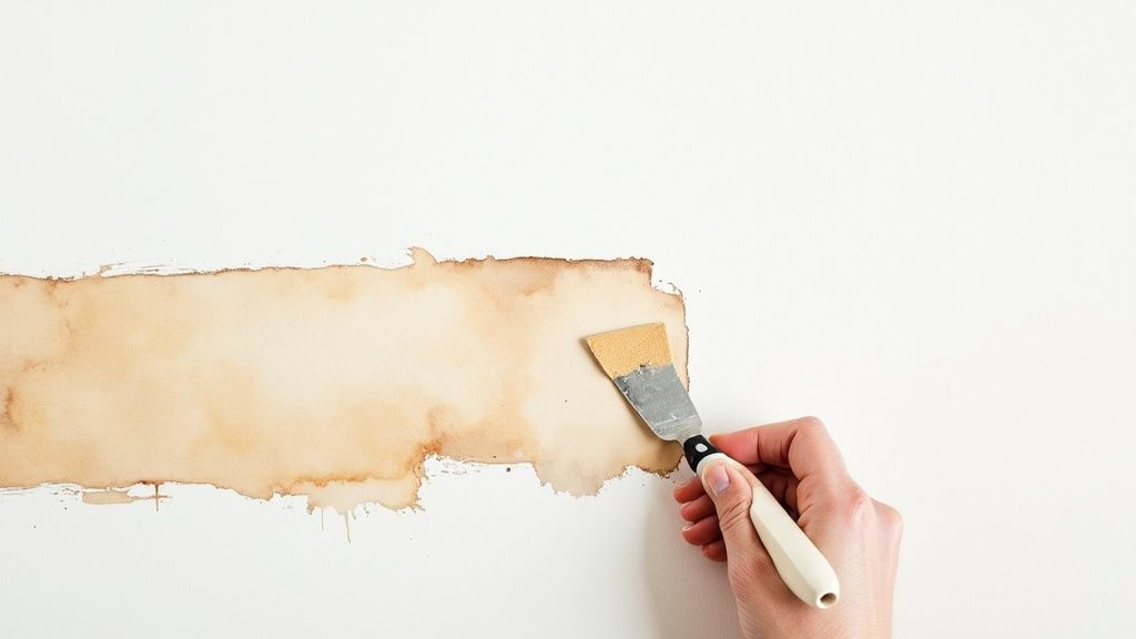 A person skim coating wallpaper seams with a putty knife for a smooth finish.