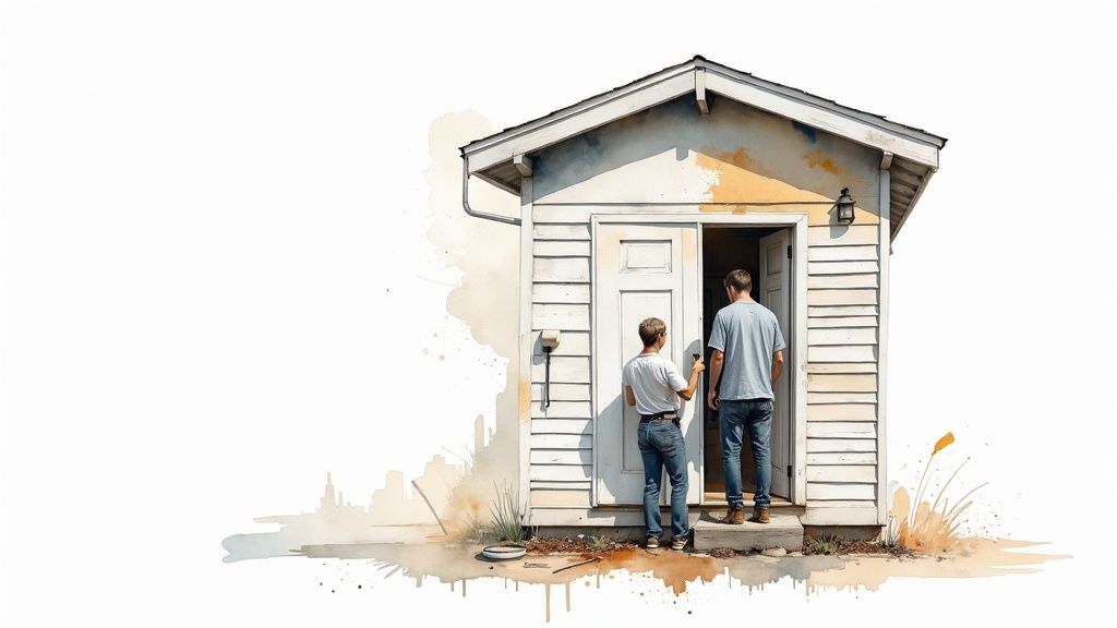 Two individuals painting the exterior of a small, white house or shed with a watercolor effect.