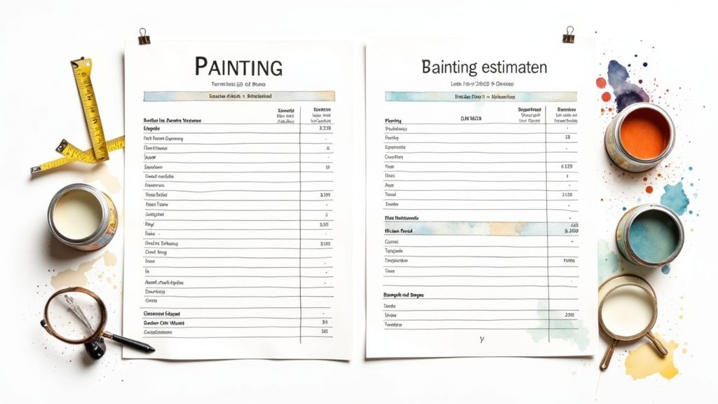 A person reviewing a detailed painting quote on a clipboard.