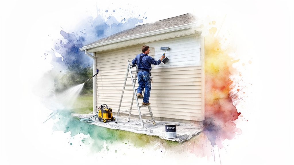 A Soca Services painter on a ladder painting house siding with a roller and cleaning with a power washer.
