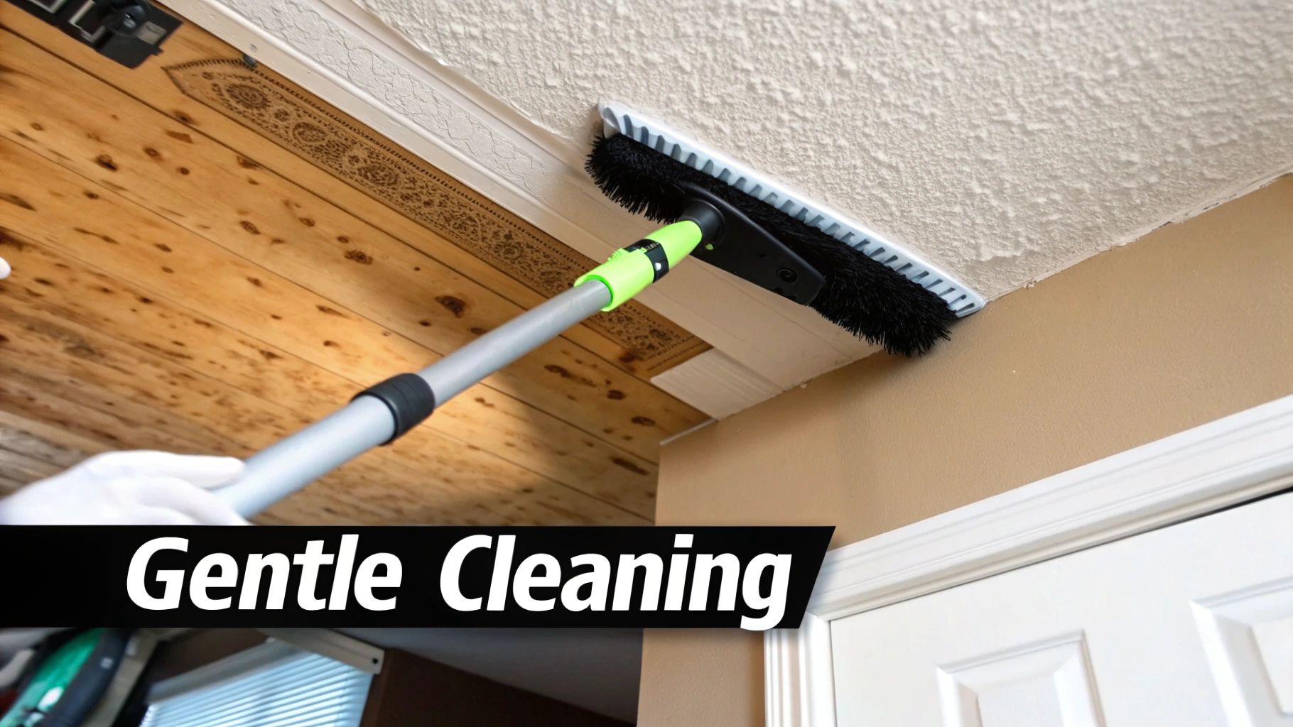 A soft-bristle vacuum attachment being used to gently clean a popcorn ceiling, showing the light touch required to avoid damage.