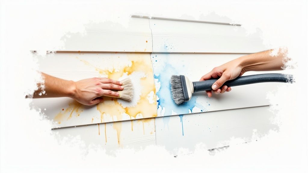 Two hands brush yellow and blue paint onto white vinyl siding, illustrating surface treatment.