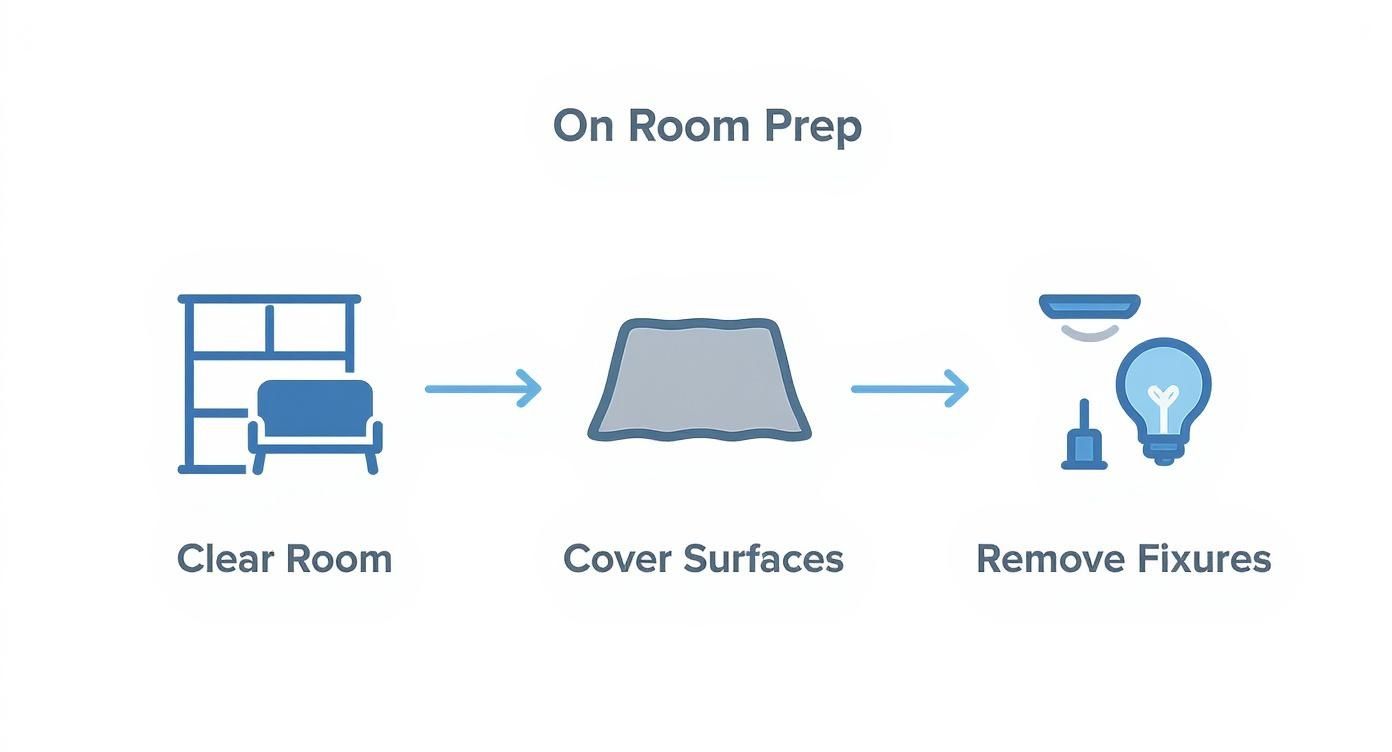 An infographic showing three steps for room preparation: clear room, cover surfaces, and remove fixtures.