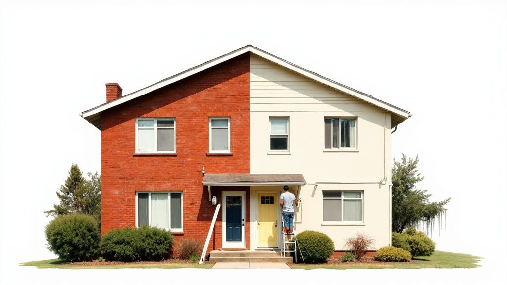 A house undergoing exterior renovation, with half red brick and half cream-colored siding, a person on a ladder painting.