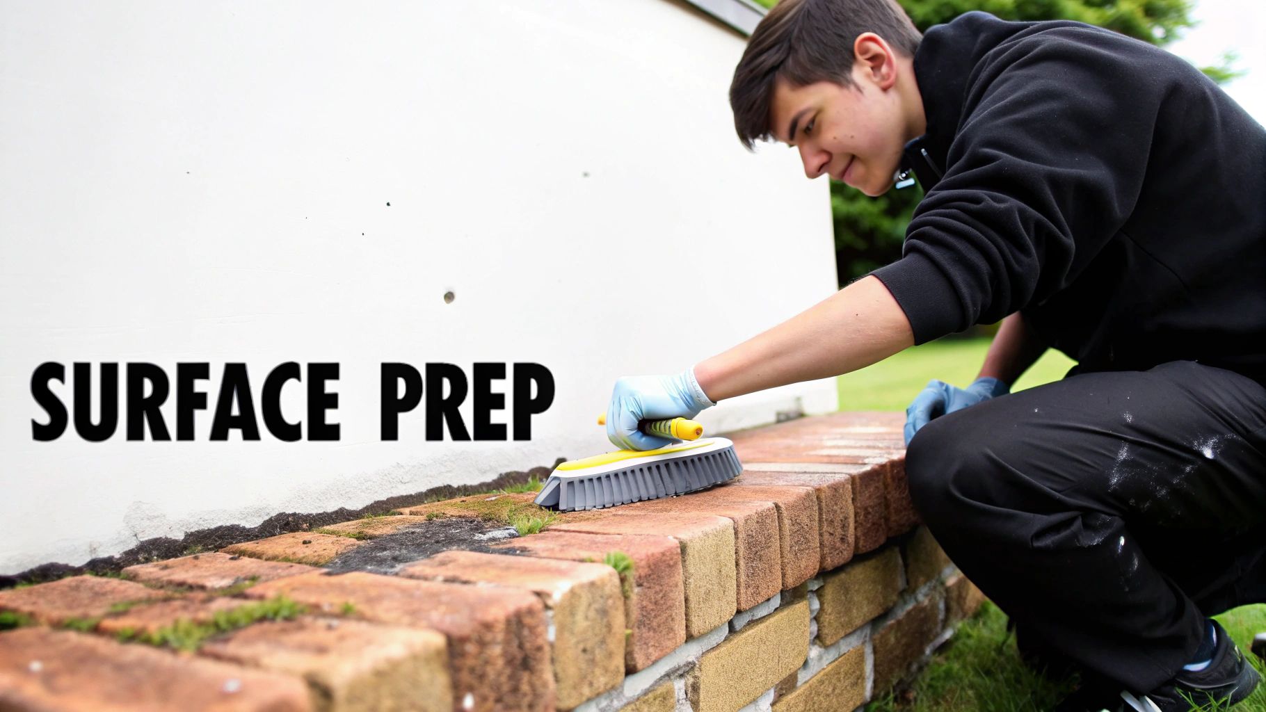 An unpainted brick wall being cleaned with a brush