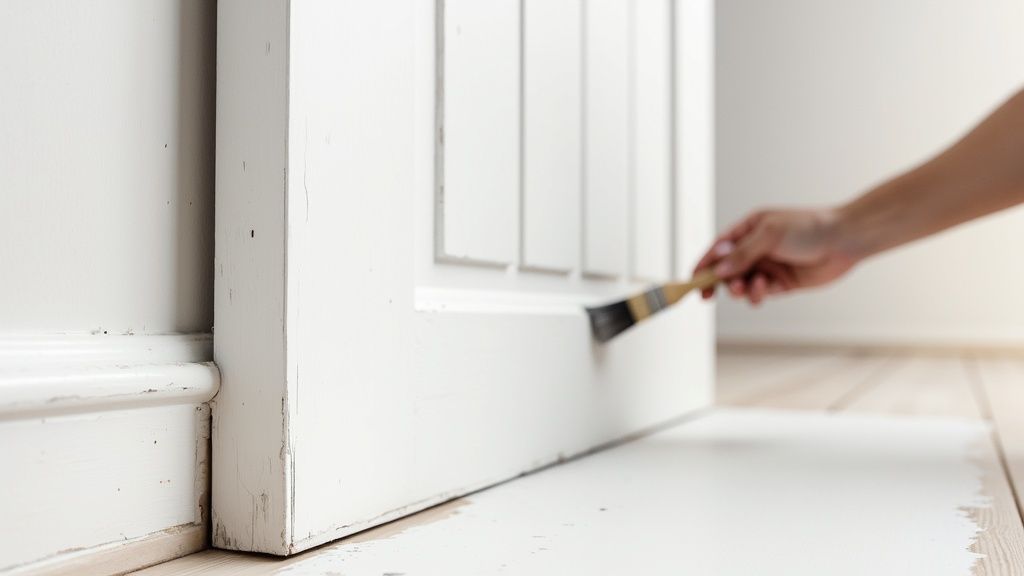 Freshly painted white trim and door in a modern home