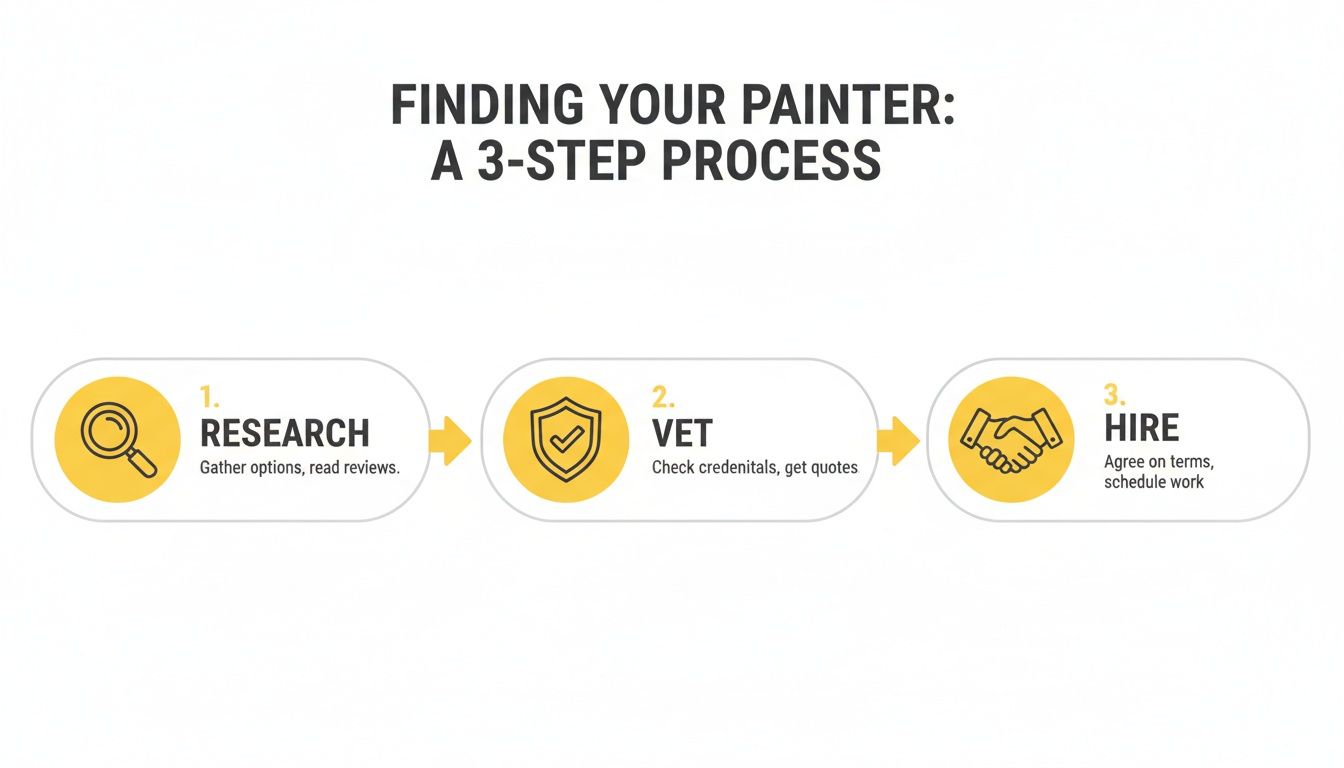 An infographic shows a 3-step process for finding and hiring a painter: research, vet, and hire. Soca Services hiring process for a painting company in the GTA.