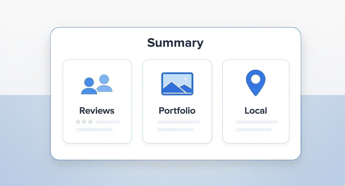 Digital interface displaying business summary with review, portfolio, and local service sections.
