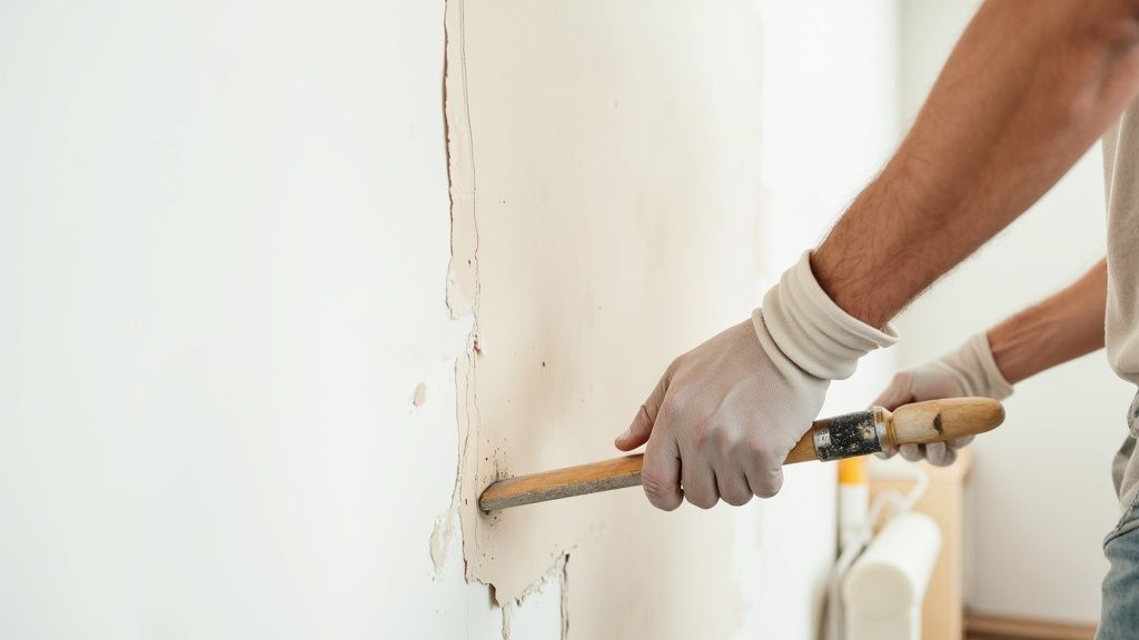 Person in white gloves scraping old, peeling paint off a wall with a wooden tool, preparing for renovation.