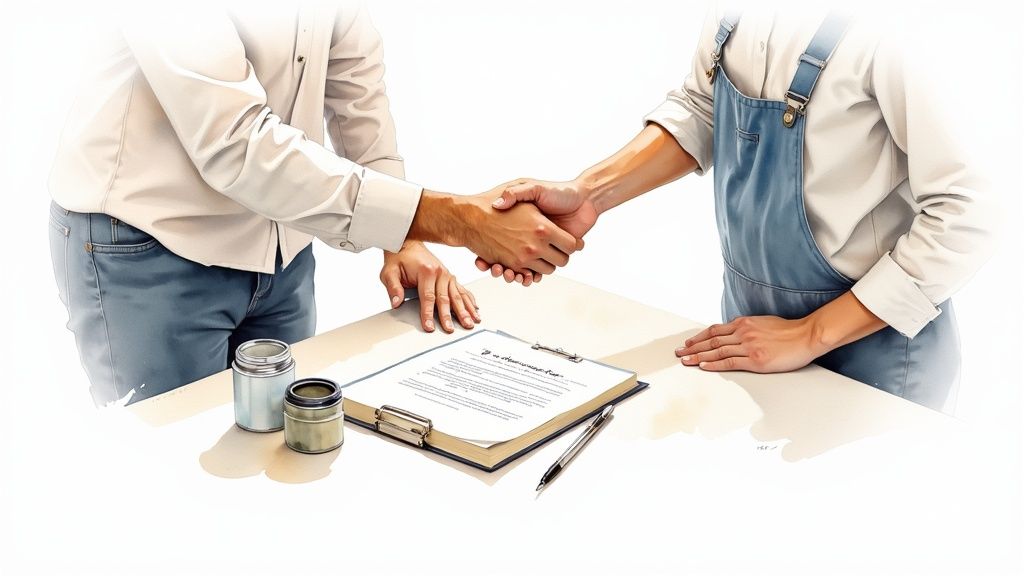 A person signing a painting contract on a clipboard with paint swatches and a paint roller nearby.