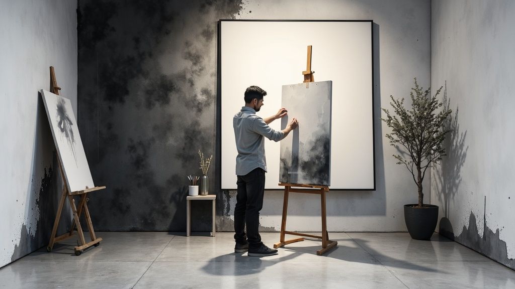A man in an art studio adjusts a canvas on an easel, surrounded by abstract dark walls and a potted plant.
