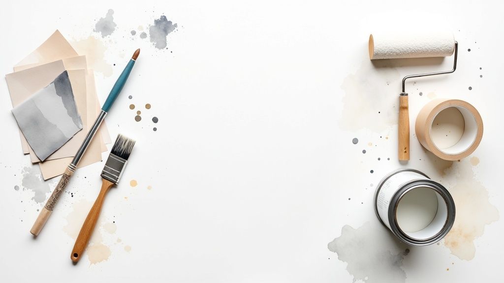 A selection of paint brushes, rollers, and paint swatches arranged neatly.