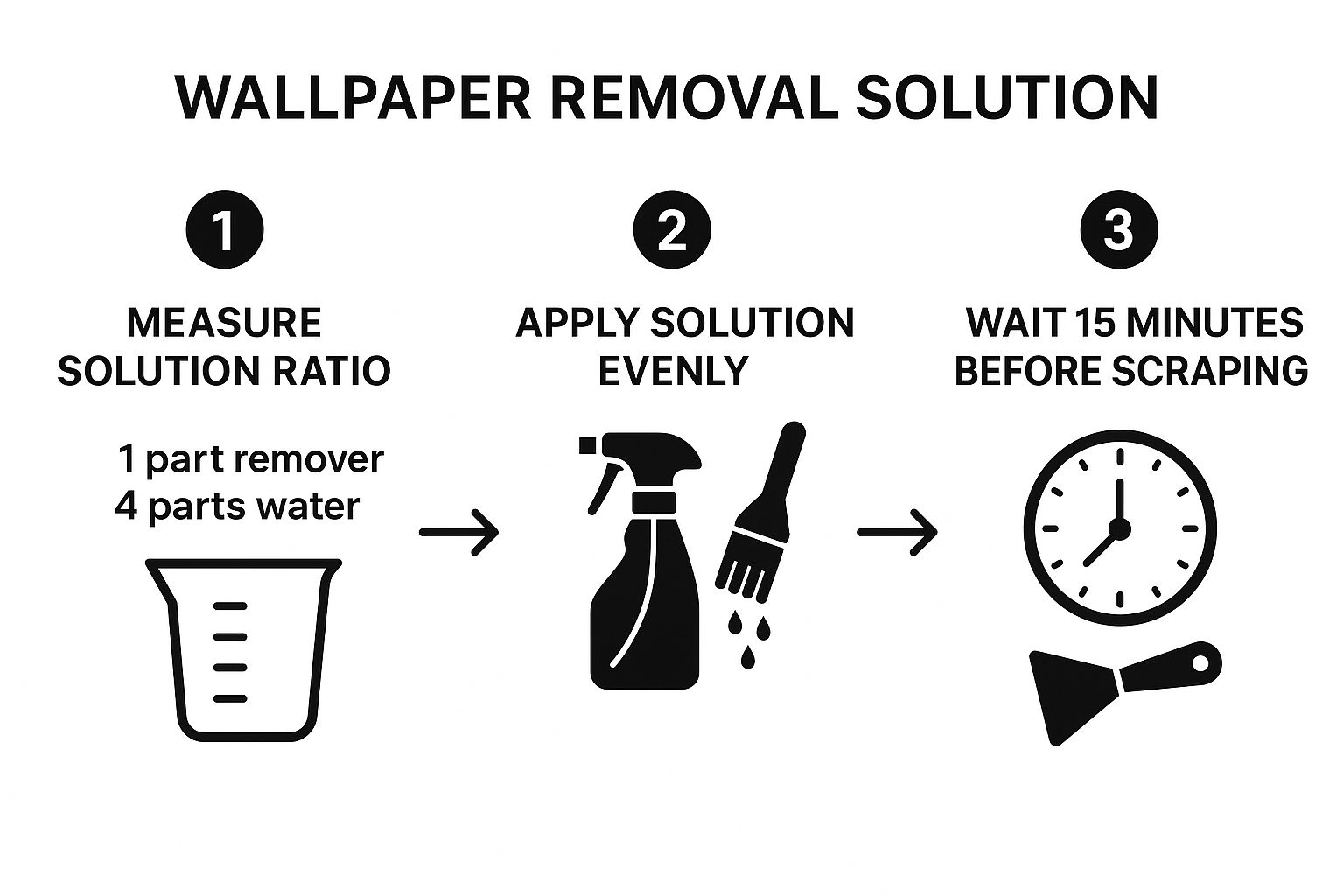 Infographic detailing the process of mixing and applying wallpaper remover solution with steps for ratio, application, and waiting time.