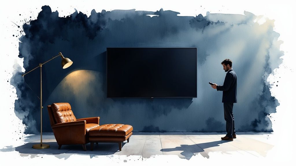 A man operates a remote control in a stylish room featuring a large TV and leather seating.