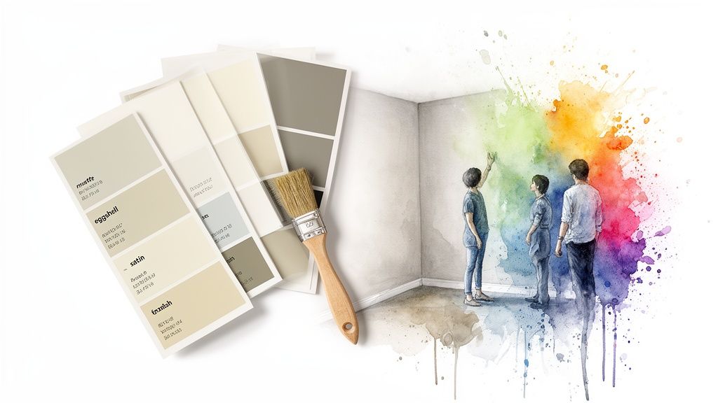 Paint swatches, a brush, and people painting a room with colorful watercolor splashes.